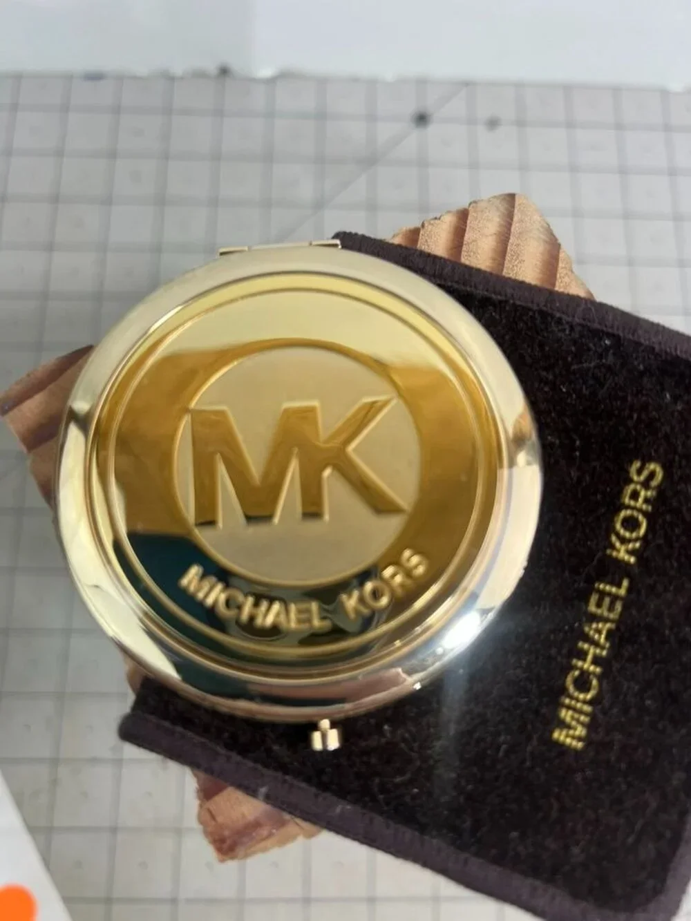 Michael Kors Gold Compact Mirror With Logo Design & Protective Pouch